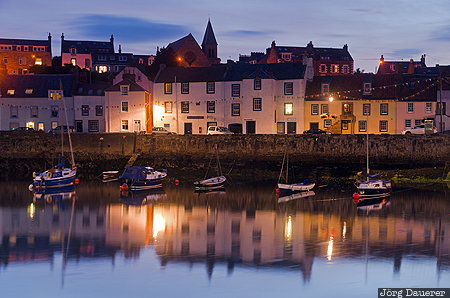 St Monans blue hour, evening light, Fife, flood-lit, reflexion, GBR, Saint Monance, United Kingdom, Scotland, St Monans, Großbritannien, Vereinigtes Königreich, Schottland, Grossbritannien, Vereinigtes Koenigreich