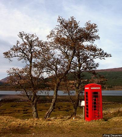 phone booth, Scotland, highlands, red, trees, Loch Shiel, GB, United Kingdom, Gro&szlig;britannien, Vereinigtes K&ouml;nigreich, Schottland, Grossbritannien, Vereinigtes Koenigreich