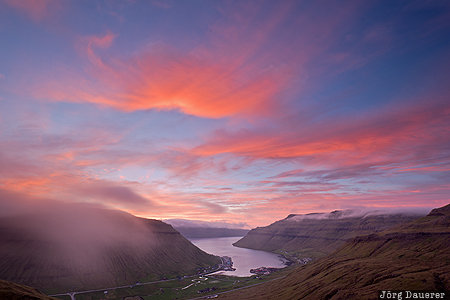 Faroe Islands, FRO, fjord, fog, Kollafj&oslash;r&eth;ur, morning light, red clouds, Steymoy, F&auml;r&ouml;er-Inseln, Kollafjordur, Faeroeer-Inseln