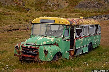 Sey&eth;isfj&ouml;r&eth;ur, Austurland, broken, bus, bus wreck, decay, green, Iceland, Seydisfjoerdur