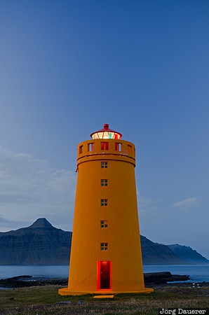 Vattarnes Light Austurland, Iceland, ISL, Vattarnes, blue hour, east fjords, evening light