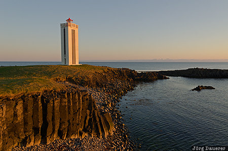 Kálfshamarsvík Lighthouse basalt rocks, coast, evening light, greenland Sea, Kálfshamar, Kálfshamarsvík, lighthouse, Iceland, Norðurland Vestra, Skagaströnd, Nordurland Vestra, Skagastroend