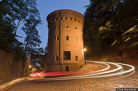 Malakoff Tower Clausen, LUX, Luxembourg, blue hour, evening light, light trails, Malakoff Tower, Luxembourg City