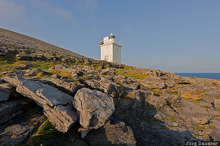 Republic of Ireland, IRL, Black Head Lighthouse, blue sky, boulders, karst rocks, Clare, The Burren, Ireland, Irland