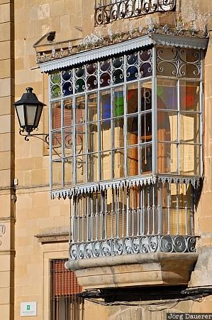 Oriel in Ubeda Andalucia, evening light, oriel, renaissance, Spain, street lamp, Ubeda, Andalusia, Spanien, Espana, Andalusien