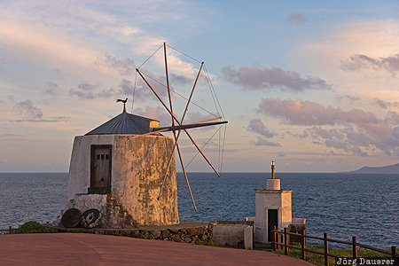 Windmills of Corvo Azores, Corvo, Portugal, PRT, Vila do Corvo, Atlantic Ocean, evening light