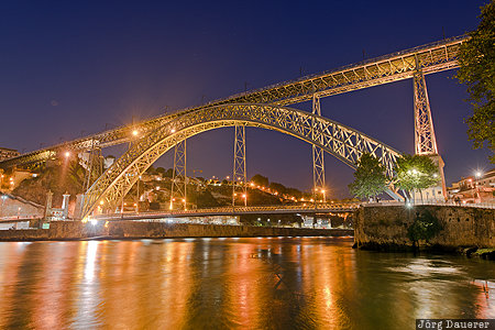 blue hour, bridge, Dom Lu&iacute;s I Bridge, douro, douro river, evening light, flood lit, Portugal, Norte, Porto