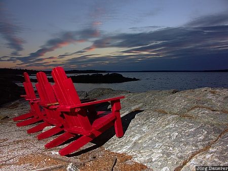 red chairs, flash, Indian Point, Mount Desert Island, United States, Maine, New England, USA, Vereinigte Staten, ME