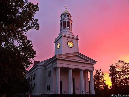 Concord Sunset United States, Massachusetts, Concord, church, clock, colorful sunset, columns
