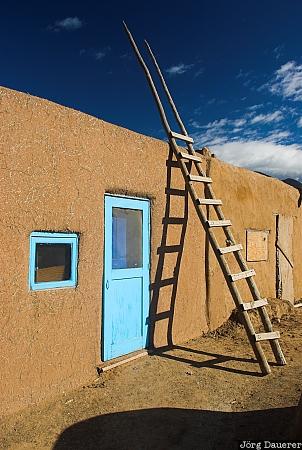 Adobe Building adobe, blue sky, clouds, door, El Prado, ladder, New Mexico, United States, Taos, USA, Vereinigte Staten, Neu Mexiko, NM