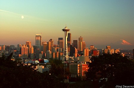 Seattle Skyline Mount Rainier, Space Needle, Washington, United States, moon, Queen Ann, Kerry Park