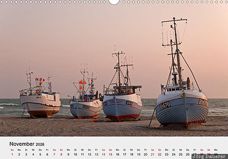 Boats at Thorup Strand, North Jutland, Denmark, calendar, November, German, D&auml;nemark, Daenemark