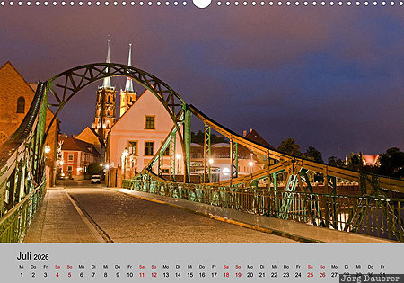 Tumski Bridge, Wroclaw, Breslau, Lower Silesia, Poland, calendar, July